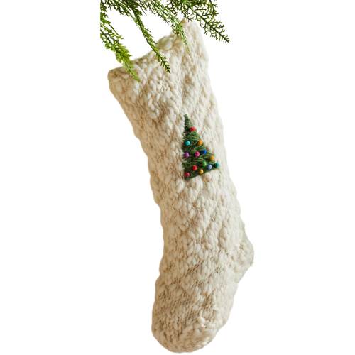 Anthropologie Chunky Knit Holiday Icon Stocking Ivory Cream Tree