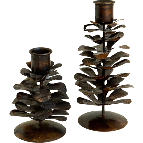 Pottery Barn Metal Pinecone Taper Candleholders - Set of 2 Bronze Copper