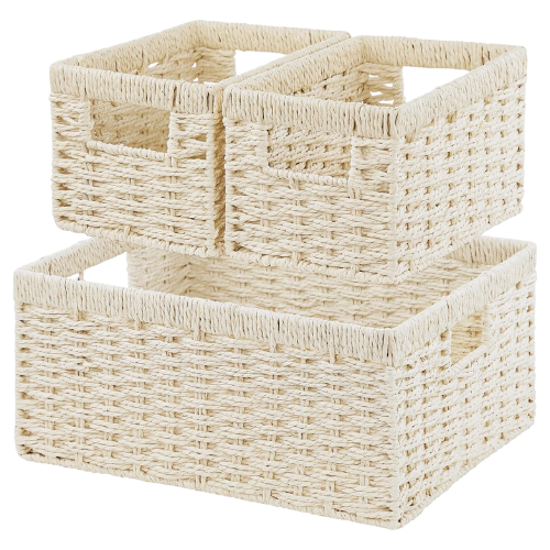 White wicker storage basket set woven