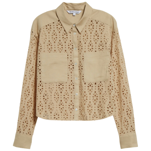 Nordstrom Stone Khaki Veronica Beard Aderes Eyelet Embroidered Cotton Button-Up Shirt