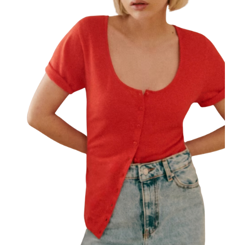 Sezane Red Button Milo T-Shirt Scoop Neck