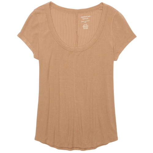 American Eagle Tan Brown AE Soft & Sexy Short-Sleeve Scoop Neck Ribbed T-Shirt