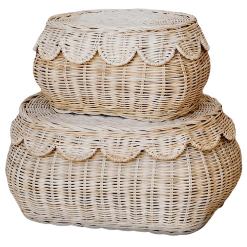 Scallop rattan wicker basket lidded