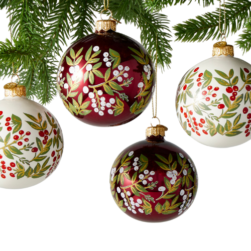 Williams Sonoma Handpainted Noel Ornaments, Set of 4 White Red