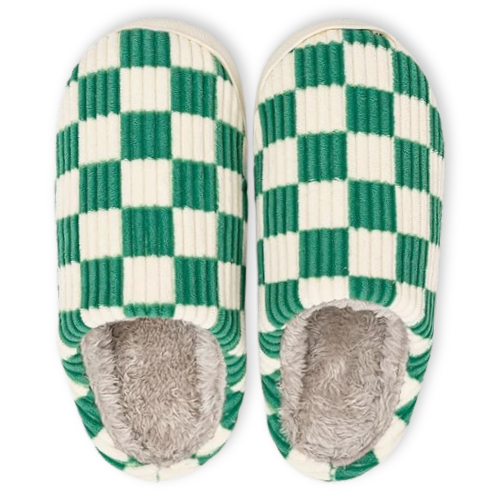 Green and White Checkered House Slippers Shoes