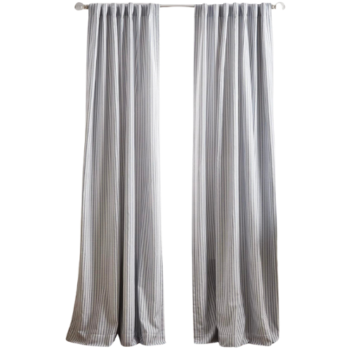 Amazon Martha Stewart Ticking Stripe Blackout Lining Rod Pocket/Back Tab Window Curtain Panel Pair, 95", White/Indigo