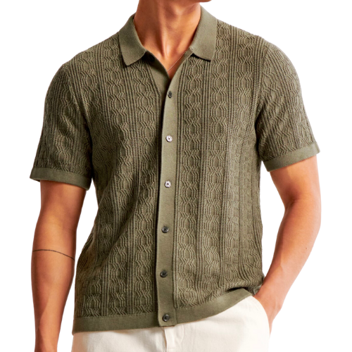 Abercrombie Stitch Button-Through Sweater Polo Olive Green