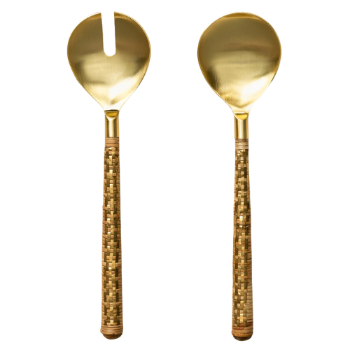 McGee & Co. (US) Salad Servers with Drawstring Bag (Set of 3) Rattan Brass Spoons