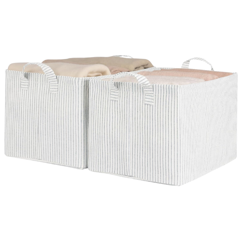 Striped Fabric Bins Grey White