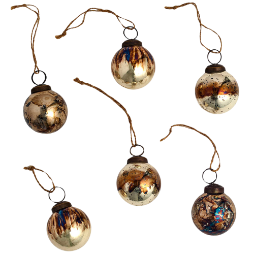 Pottery Barn Mouth Blown Antique Gold & Brass Ball Ornaments - Set of 6