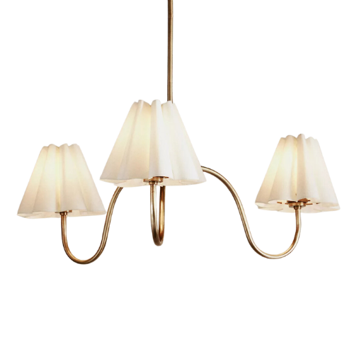 three light pleated shade brass white chandelier