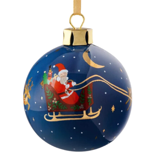 Rifle Paper Co Blue Santa Sleigh Glass Ornament Porcelain Ornament - Christmas Delivery