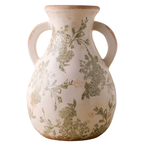 Magnolia Green and White Distressed Vase with Handle