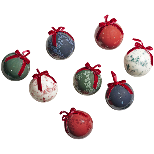 CLJ + Pottery Barn Kids Holiday Chris Loves Julia Decoupage Balls Ornaments, Set of 8 Red Green Blue White Lattice Stars Toile