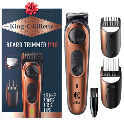 Amazon King C. Gillette Beard Trimmer PRO, 40 Length Settings, Cordless Design, Holiday Gifts for Men, 1 Trimmer, 1 Brush, 2 Combs, 1 Charger and 1 Zip Pouch Bronze Black