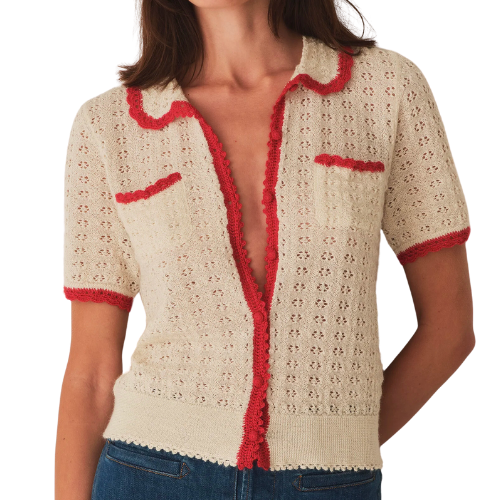 Gloriana Top - Moonstone | DÔEN Red White Knit Woven Button Down Sweater