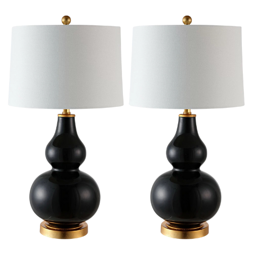 pair of black and gold brass lamps white shade