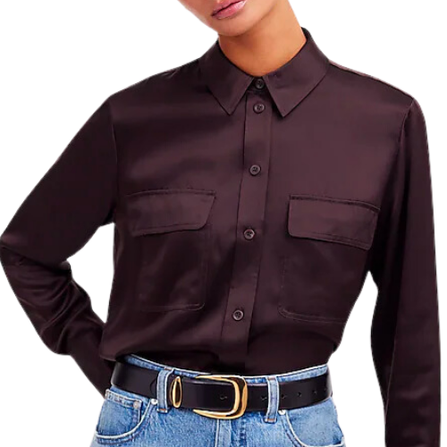 Madewell Silk Flap-Pocket Button-Up Shirt Dark Carob