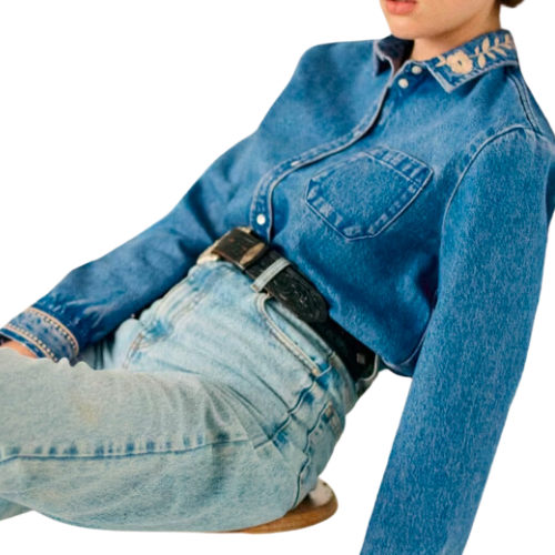 Sezane Embroidered Denim Button Up Top