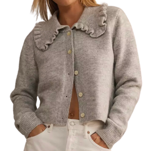 Anthropologie Gray Grey Self Contrast Ruffle-Collar Cardigan Sweater