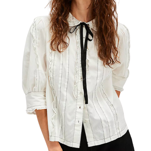 Free People Molly Mae Pintuck Top White Black Tie