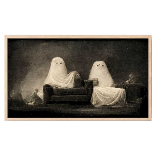 Ghosts on couch black and white frame tv art halloween