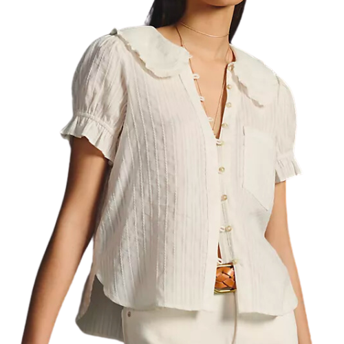 Anthropologie White The Keira Collared Button-Front Blouse by Pilcro