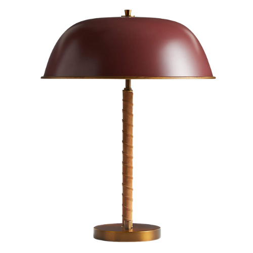 red metal dome lamp leather table