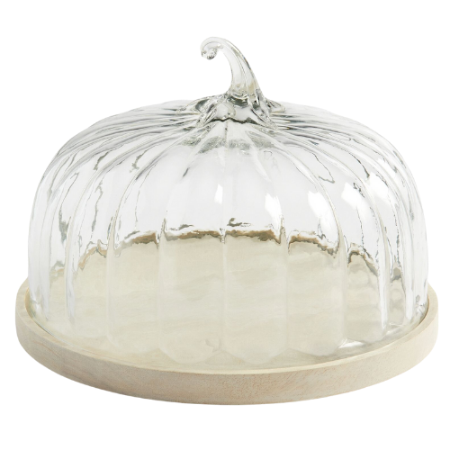 Pottery Barn Glass Pumpkin Cloche with Wood Pedestal