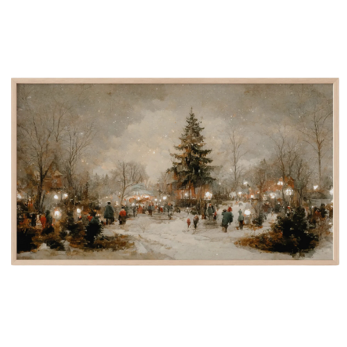 Snowy Christmas village tree frame tv art