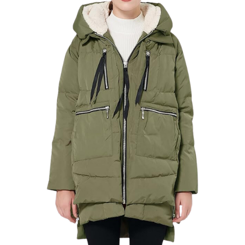 Olive green Amazon down jacket with hood