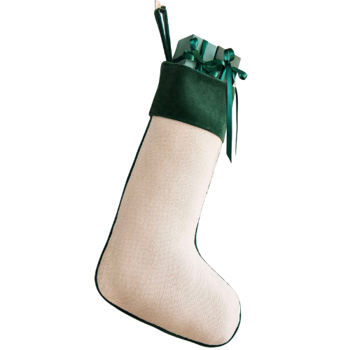 West Elm Cotton Jute Velvet Stockings White Green Trim and Cuff