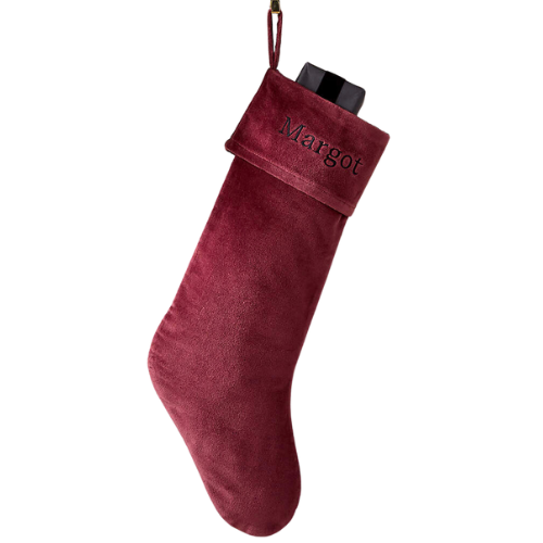 CB2 Red Velvet Customized Flake Dark Mauve Velvet Christmas Stocking Monogram