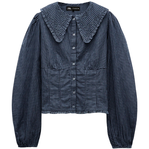 Zara BIB COLLAR GINGHAM SHIRT blue