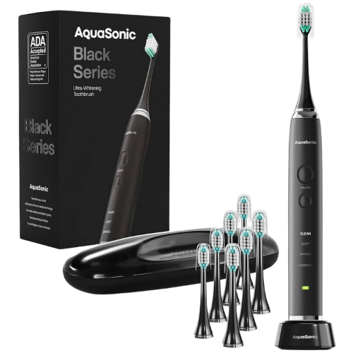 Amazon Aquasonic Black Series Ultra Whitening Toothbrush – ADA Accepted Electric Toothbrush- 8 Brush Heads & Travel Case – 40,000 VPM Electric Motor & Wireless Charging - 4 Modes w Smart Timer