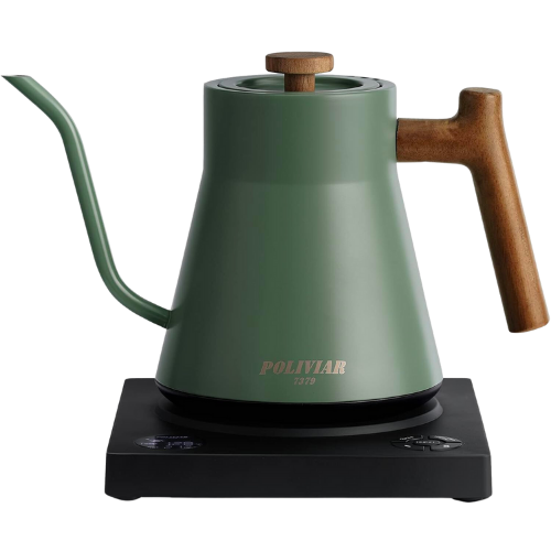 Amazon Green POLIVIAR Electric Gooseneck Kettle, 1200W Electric Tea Kettle Real Wood Handle, 34oz Pour Over Electric Kettle for Coffee & Tea, 18/8 Stainless Steel Inner, Temperature Control & Rapid Heating