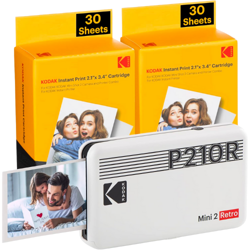 Amazon KODAK Mini 2 Retro 4PASS Portable Photo Printer (2.1x3.4 inches) Initial 8 Sheets + 60 Sheets Bundle, White