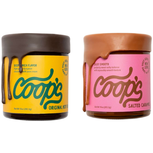 Amazon Coop's Original Hot Fudge & Salted Caramel Sauce (2- Pack): Gourmet, All Natural, Handcrafted, Gluten Free, Non-GMO, Chocolate Ice Cream Toppings, Sundae, Desserts, 10 Ounce each