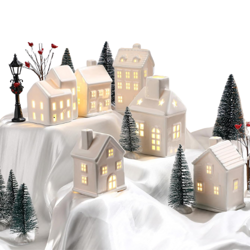 Amazon white ceramic Christmas village houses light up bottle brush tree set