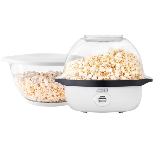 Amazon DASH SmartStore™ Deluxe Stirring Popcorn Maker, Hot Oil Electric Popcorn Machine with Large Lid for Serving Bowl and Convenient Storage, 24 Cups – White