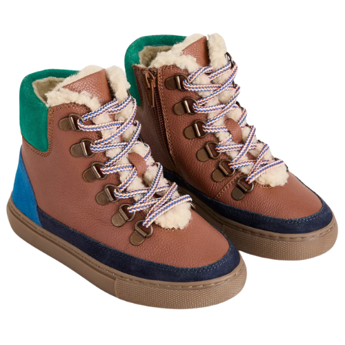 Boden (US) Cosy Leather Lace Up Boots color block green blue sherpa fleece