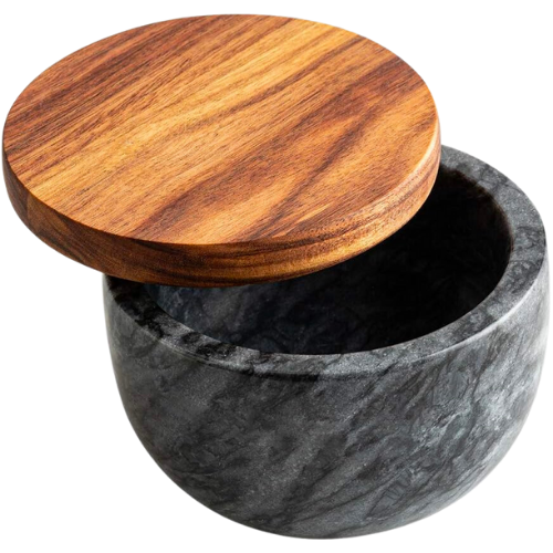 Amazon Salt Box Salt cellar with spoon Black Marble Base Natural Acacia Top Decorative Boxes Spice Seasonings Keeper Salt Container Elegant Design Salt Cellar Spice Cellar