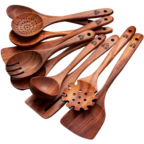 Amazon Wooden Spoons for Cooking, 10 Pcs Wooden Cooking Utensils Set – Wooden Utensil Set for Nonstick Pans & Cookware – Teak Wood - Sturdy, Lightweight & Heat Resistant