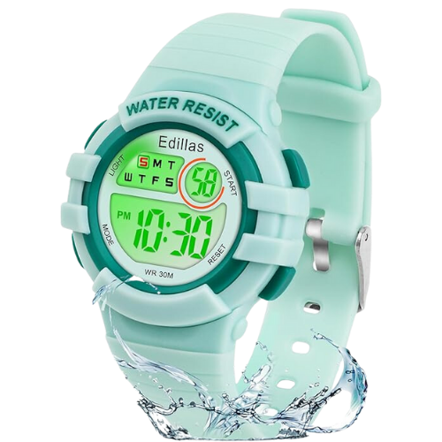 Water resistant kids digital sport watch mint green blue