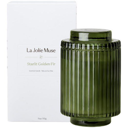 La Jolie Muse Starlit Golden Fir Candle Reeded Glass Lidded Green