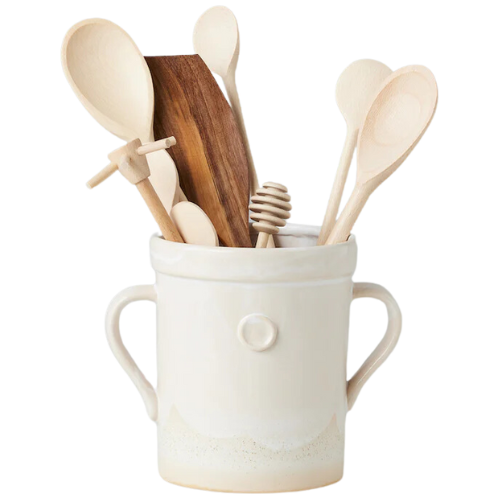 White Handthrown Crock and Utensil Set, Small vase handle ceramic kitchen