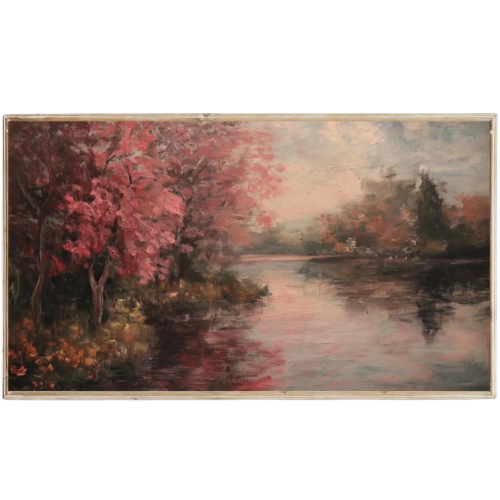 vintage landscape fall foliage trees lake pink frame tv art