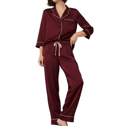 Ann Taylor Mauve Rose Top & Pant Pajama Set piping burgundy