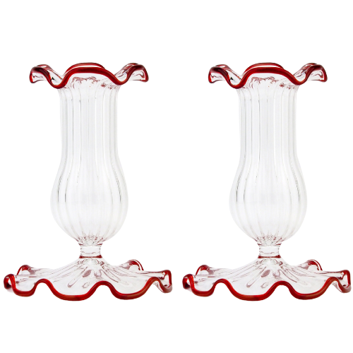 Set-Of-Two Small Scalloped Glass Candle Sticks Red Rimmed