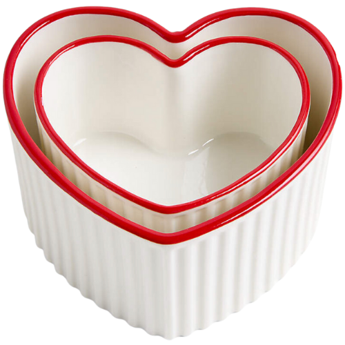 Crate & Barrel Red Rim Heart Shaped Ceramic 2-Piece Nesting Ramekins Set